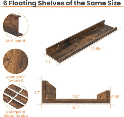 upsimples Floating Shelves for Wall, Wall Shelves for Decor Storage Set of 6, Wall Mounted Wood