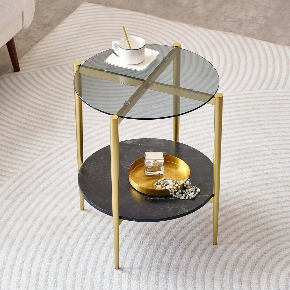 Round Glass End Table, Mid-Century Modern Design Sofa Table for Living Room, D18 x H23 in, 2-Tier