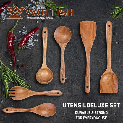 Wooden Spoons - Wooden Spoons for Cooking,Natural Wooden Kitchen Utensils Set Non Toxic,6-Piece
