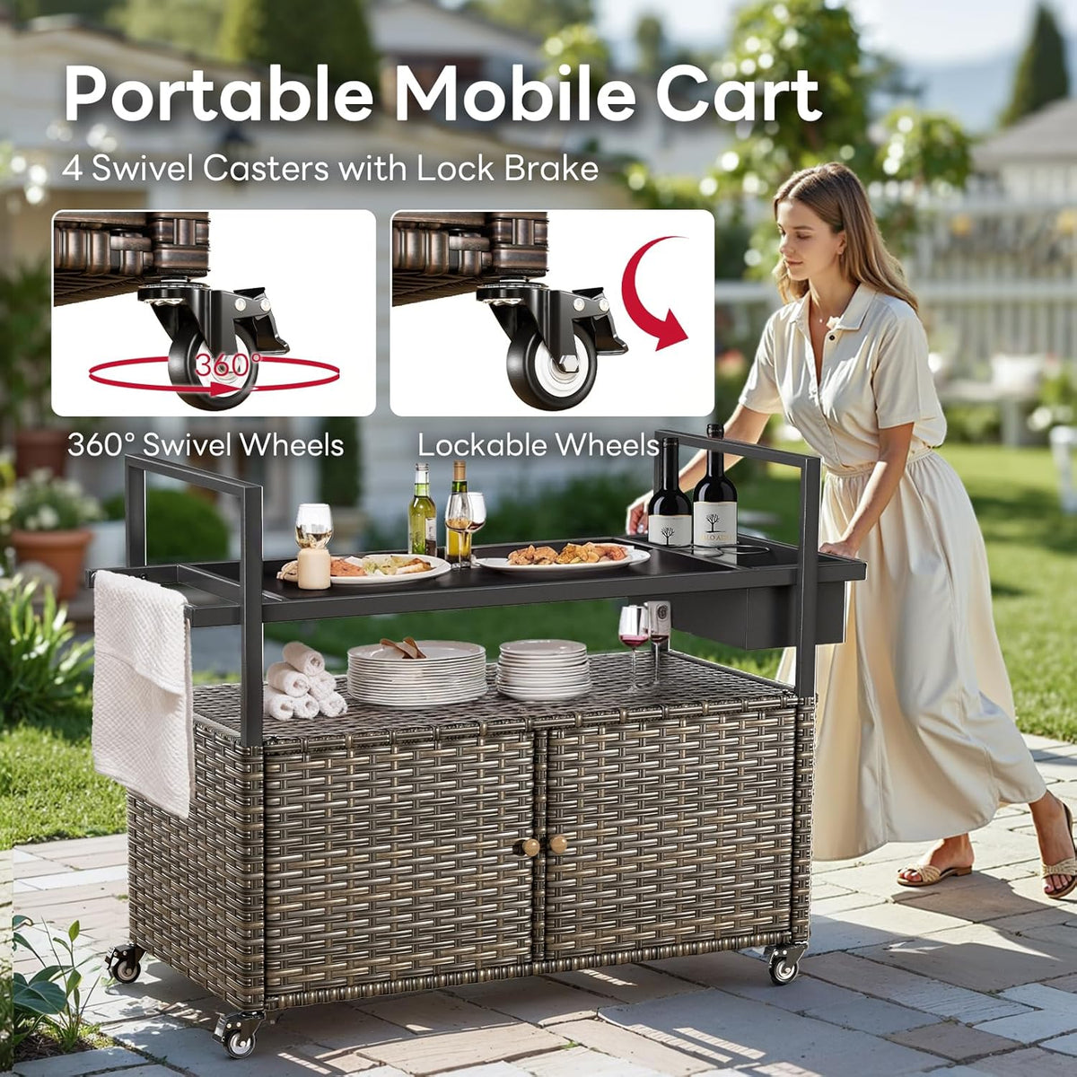 Outdoor Bar Cart with Storage Cabinet, Patio Bar Table with Tempered Glass Tabletop, Outdoor