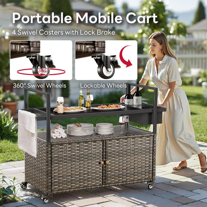 Outdoor Bar Cart with Storage Cabinet, Patio Bar Table with Tempered Glass Tabletop, Outdoor