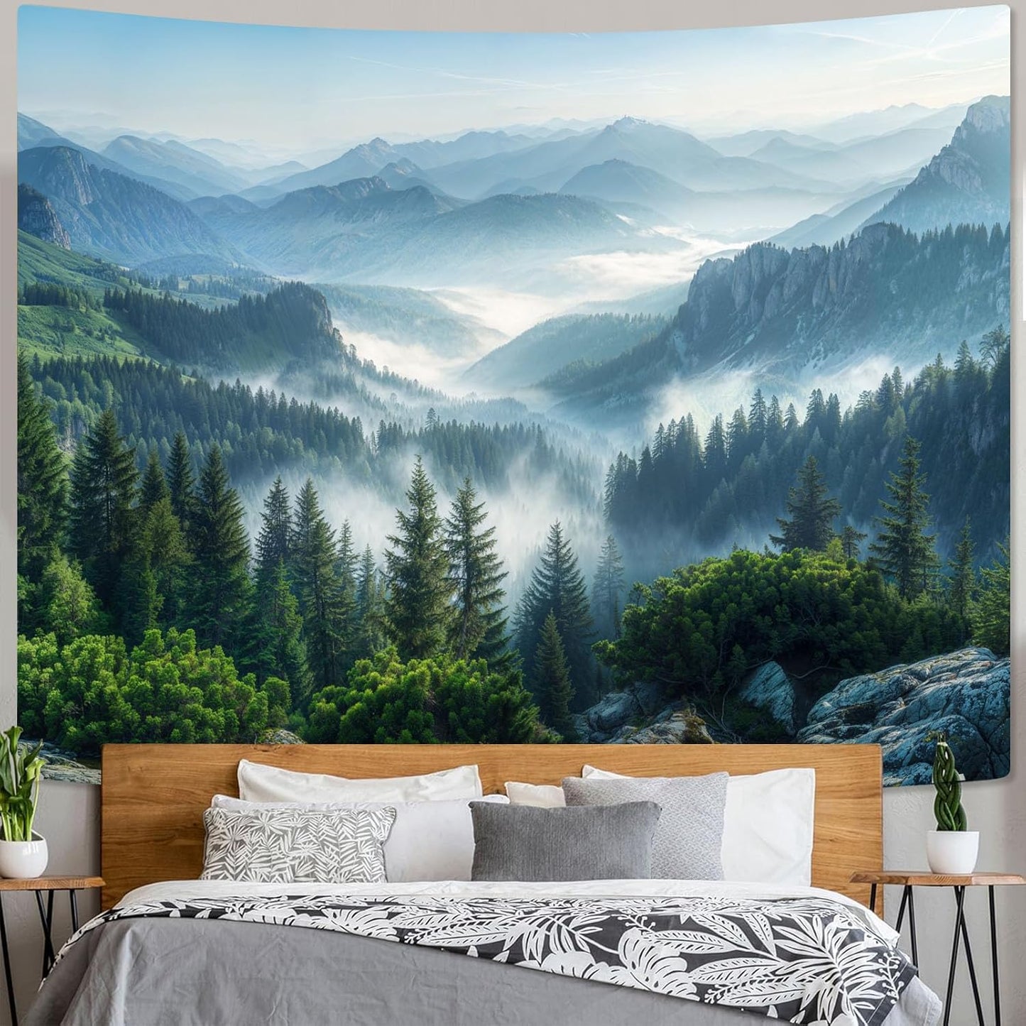 AMM Nature Forest Mountain Tapestry Green Misty Pine Tree Tapestry for Bedroom Aesthetic Foggy