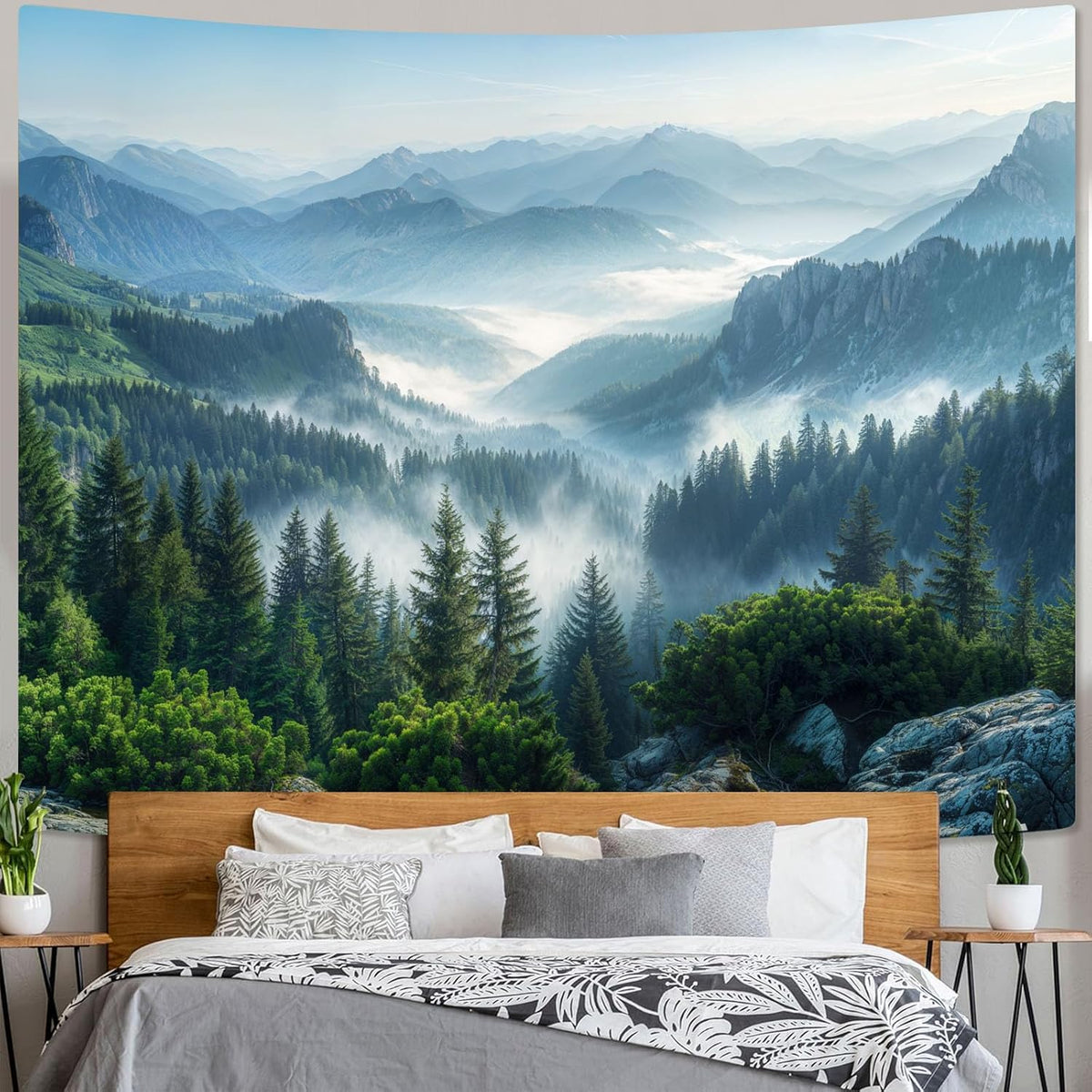 AMM Nature Forest Mountain Tapestry Green Misty Pine Tree Tapestry for Bedroom Aesthetic Foggy