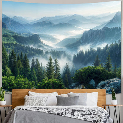 AMM Nature Forest Mountain Tapestry Green Misty Pine Tree Tapestry for Bedroom Aesthetic Foggy
