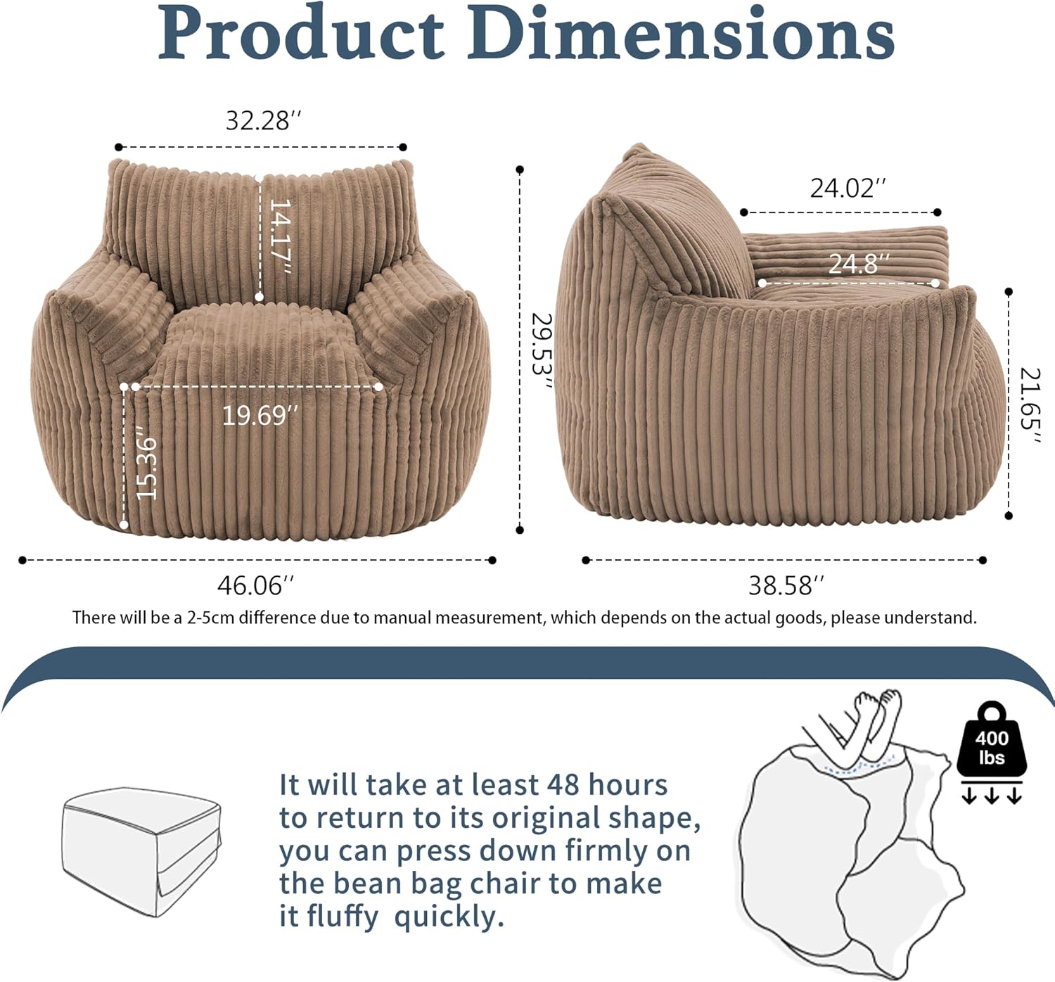 Giant Plush Bean Bag Chair for Adults with Armrests - Oversized Comfy Khaki Beanbag Lounge Lazy