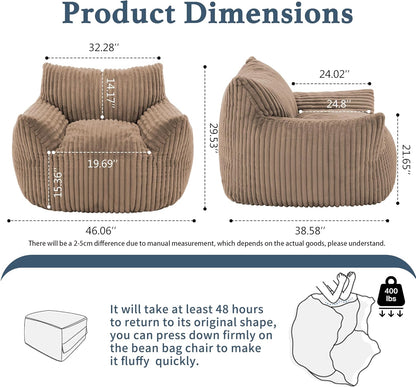 Giant Plush Bean Bag Chair for Adults with Armrests - Oversized Comfy Khaki Beanbag Lounge Lazy