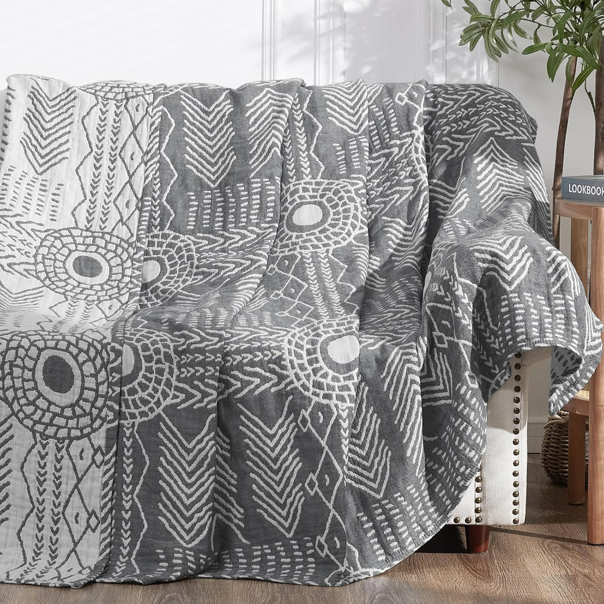 JINCHAN Boho 100% Cotton Muslin Blanket 3-Layer Twin Size Geometric Lightweight Reversible Soft