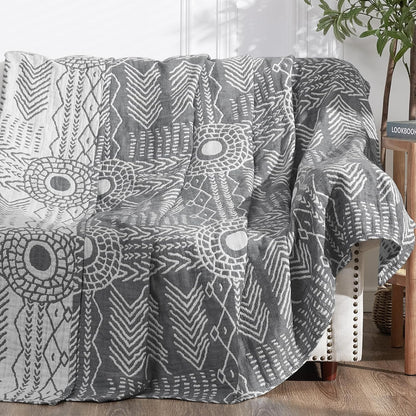 jinchan Boho 100% Cotton Muslin 50x60 Throw Blanket Lightweight 3 Layer Grey Blanket Washable