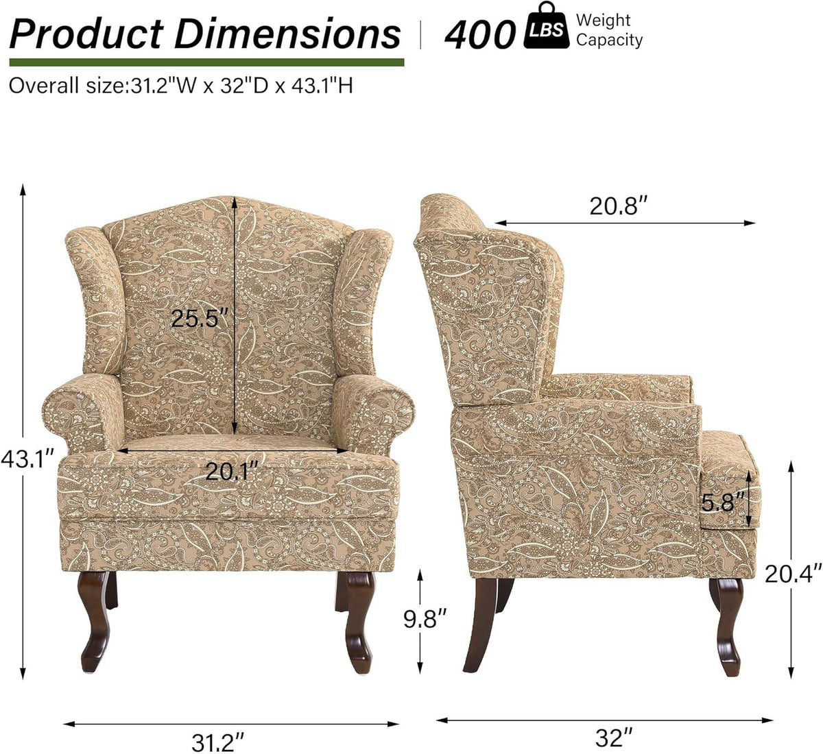 Accent Chair, High Back Upholstered Armchair with High Resilience Sponge & Wood Legs, Mid-Century