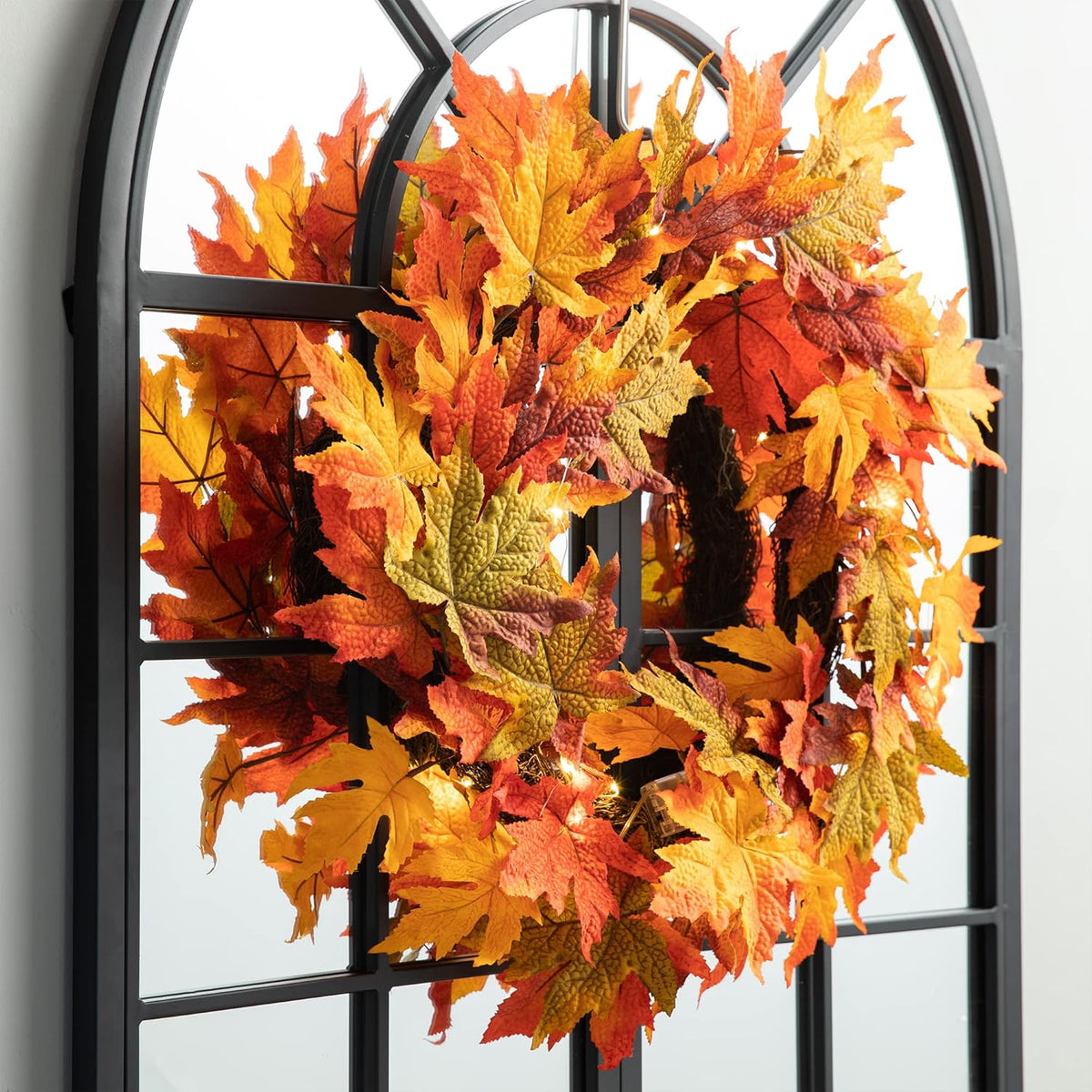 Glitzhome 24 Inch Pre-lit Fall Wreath, Autumn Wreath for Front Door, Lighted Maple Leaves Wreaths