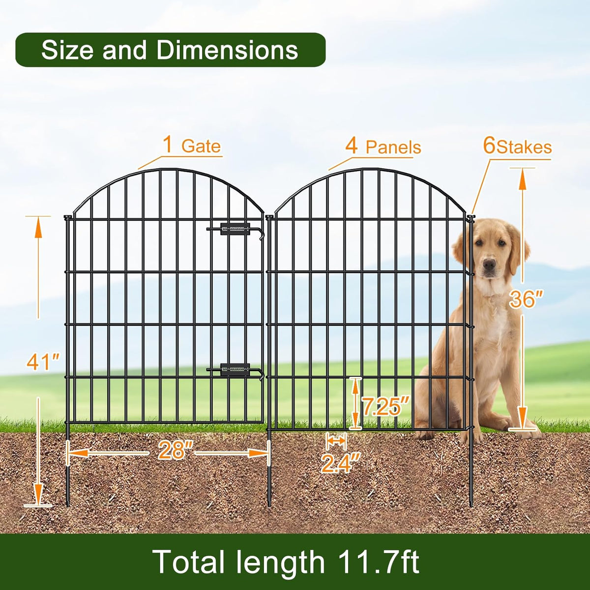 Metal Garden Fence with Gate 36in (H) x 11.7ft (L), 1 Gate+ 4 Panels Dog Fence Border Fence Animal