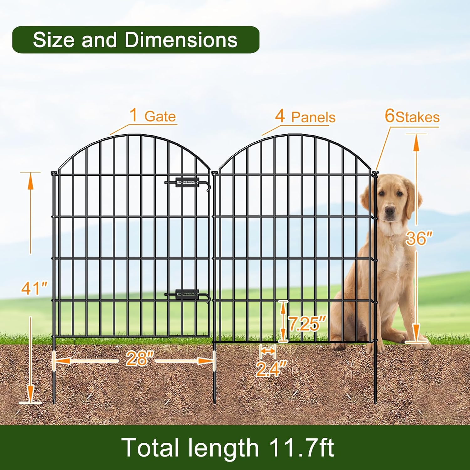 Metal Garden Fence with Gate 36in (H) x 11.7ft (L), 1 Gate+ 4 Panels Dog Fence Border Fence Animal