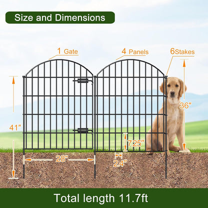 Metal Garden Fence with Gate 36in (H) x 11.7ft (L), 1 Gate+ 4 Panels Dog Fence Border Fence Animal