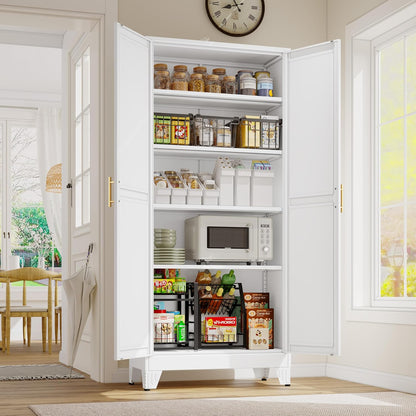 71" Tall Metal Storage Cabinet with 2 Doors and 4 Adjustable Shelves, Kitchen Pantry Cabinet White