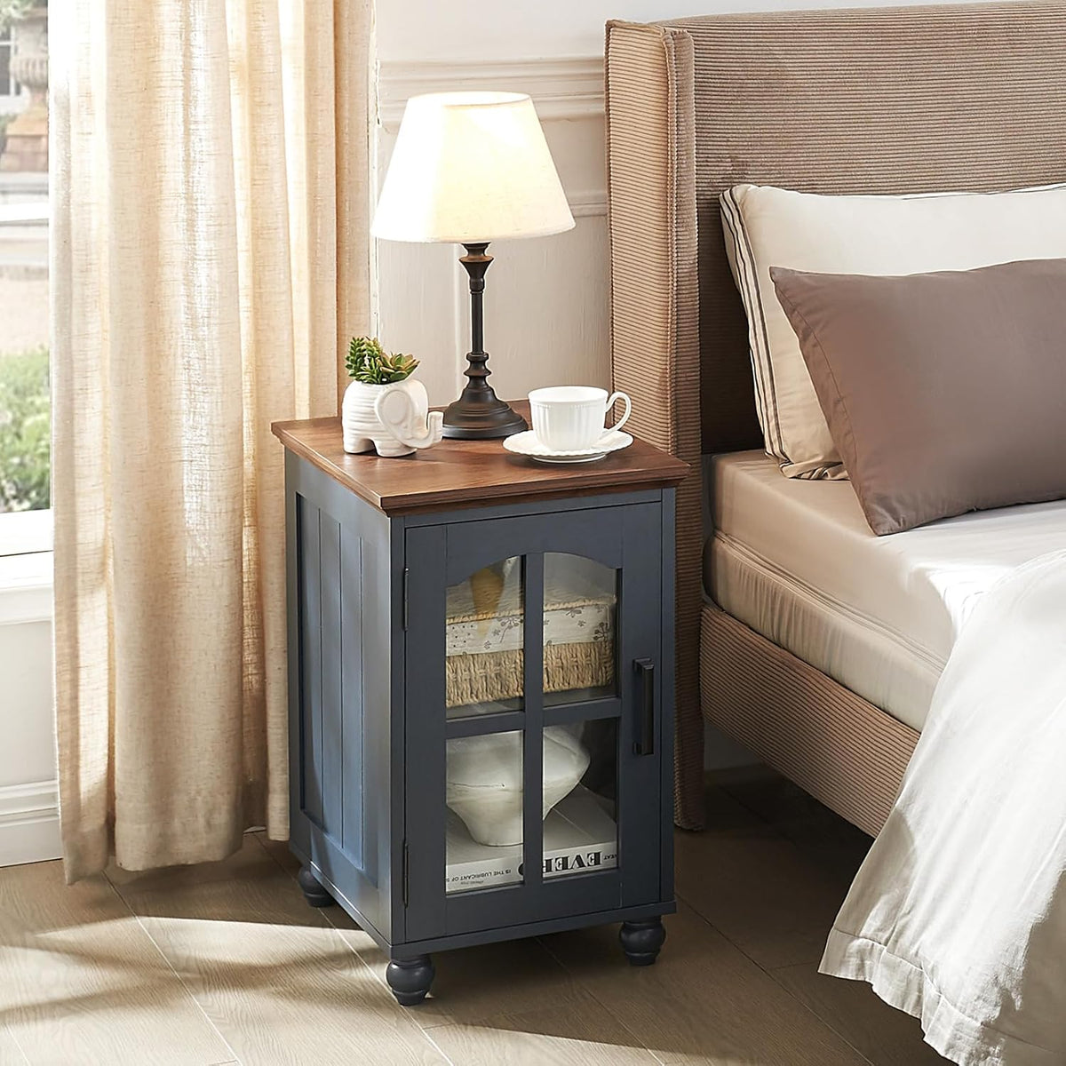 Narrow Side Table,Farmhouse Nightstand with Charging Station,Wood End Table with Glass Barn Door