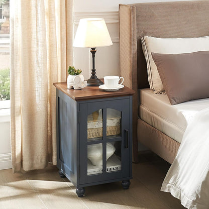 Narrow Side Table,Farmhouse Nightstand with Charging Station,Wood End Table with Glass Barn Door