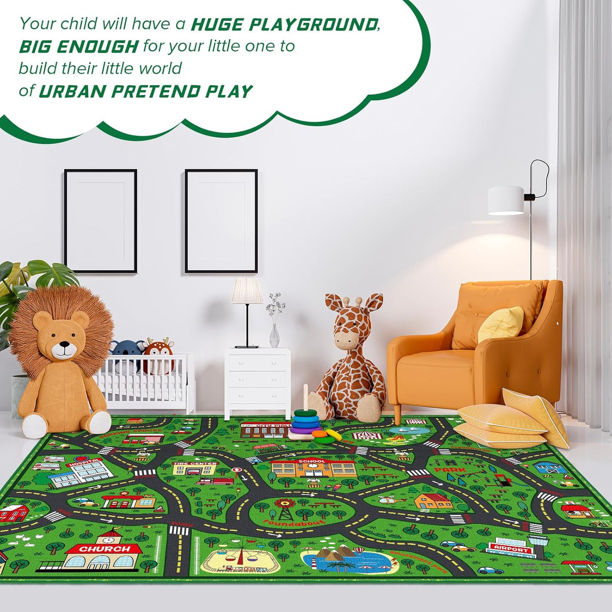 Kids Carpet Playmat Rug 6 x 9 ft Player Car Rug, City Life Traffic Road Map Mat Educational Game