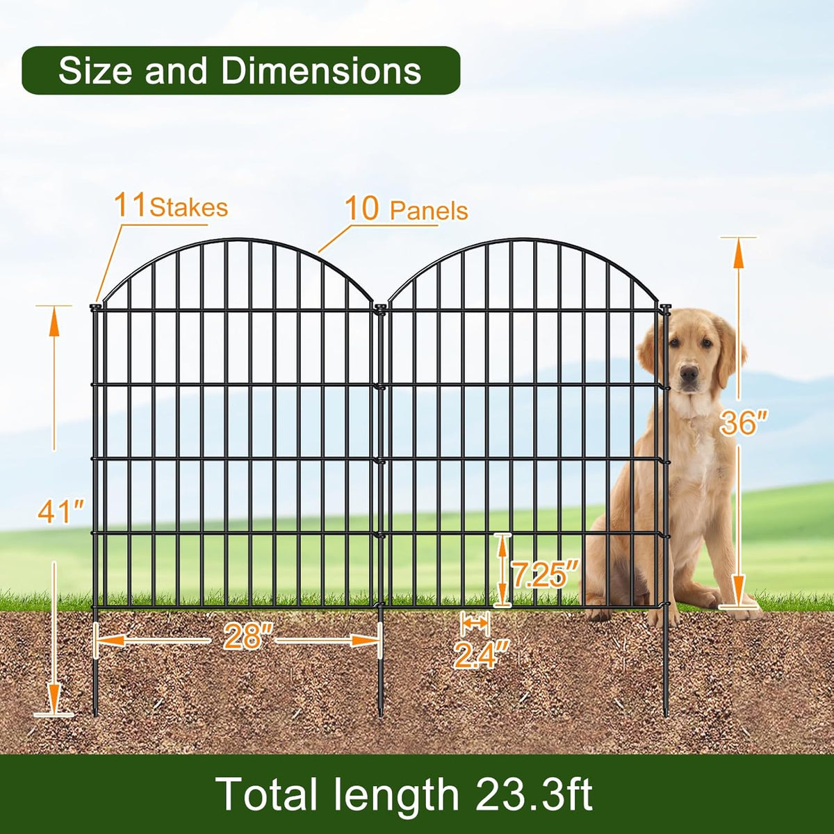 Metal Garden Fence 36in (H) x 23.3ft (L), 10 Panels + 11 Stakes Dog Fences Border Fence Animal