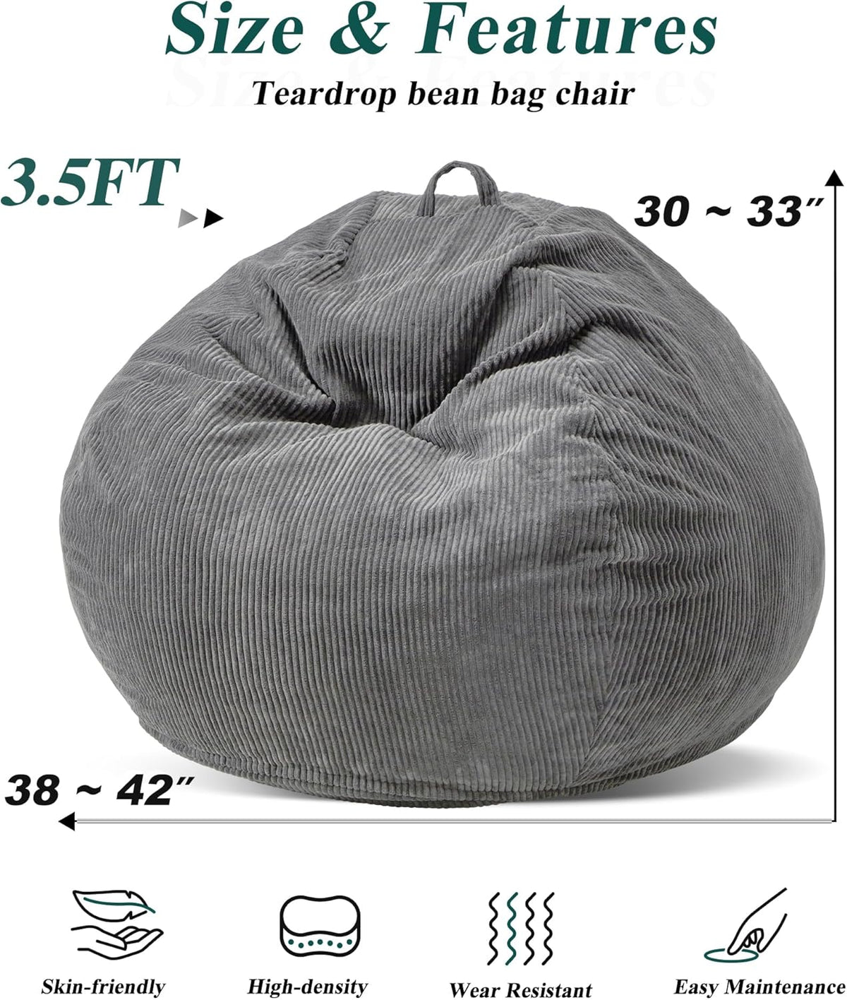 3.5FT Bean Bag Chairs Teardrop Bean Bag Chair for Adults Beanbag Chair with Memory Foam Filled
