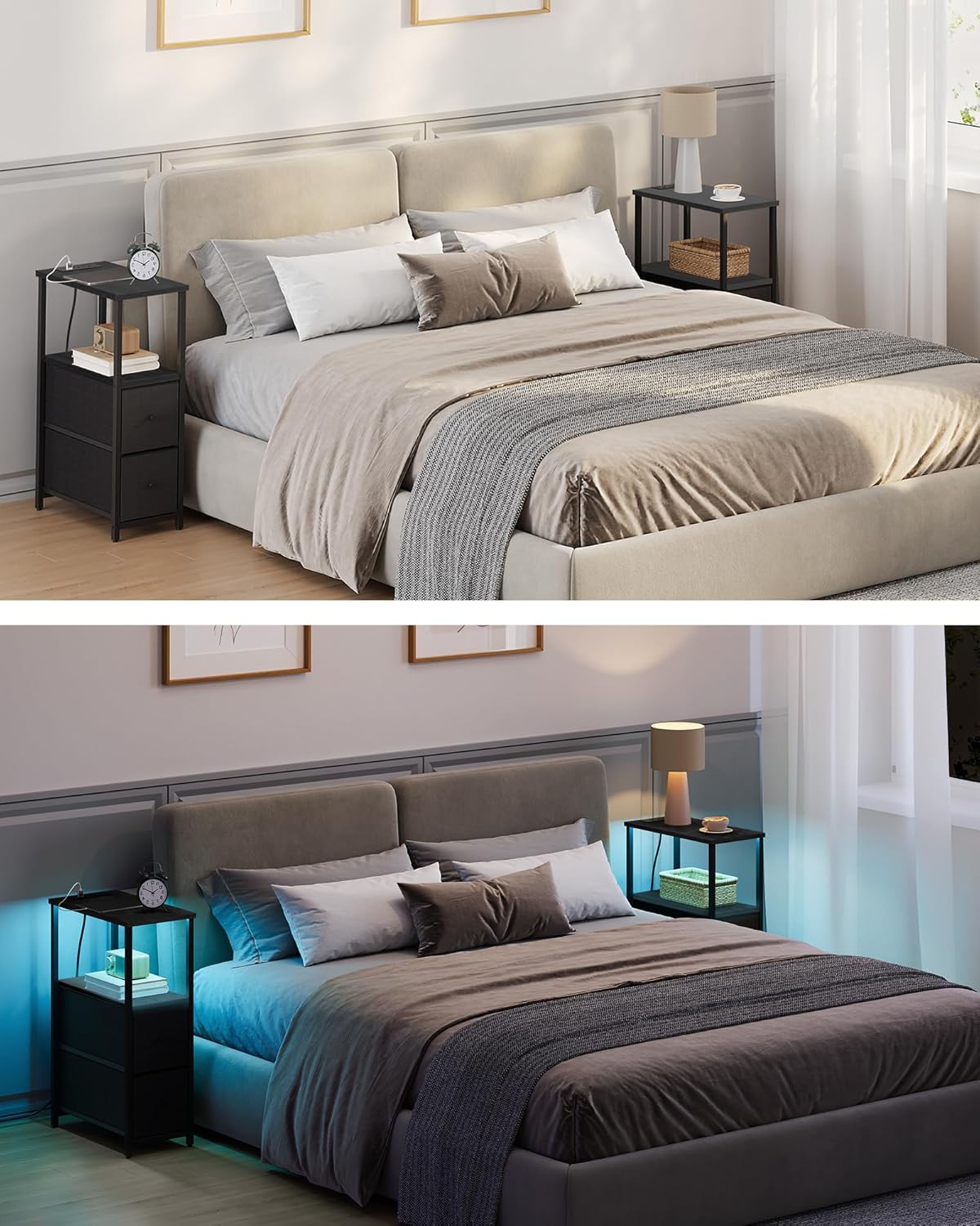 TUTOTAK Small Narrow LED End Table with Charging Station, Side Table Outlets, Nightstand with 2