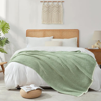 Snuggle Sac Sage Green Waffle Bedding Blankets Queen Size 90x90 inches, Reversible Microfiber