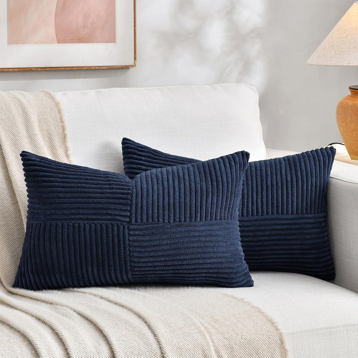 Fancy Homi 2 Packs Navy Blue Long Lumbar Decorative Throw Pillow Covers 12x24 Inch for Couch Bed