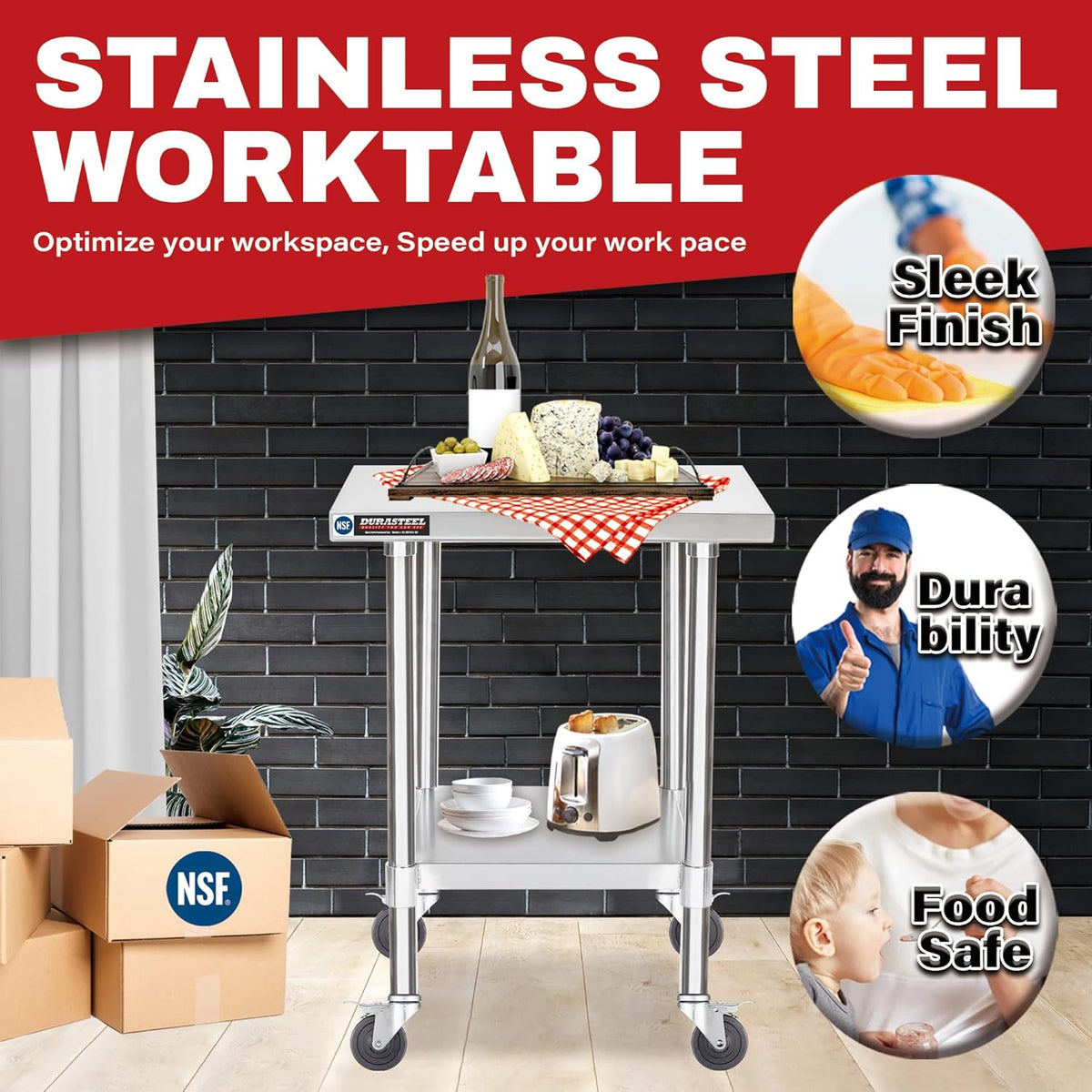 DuraSteel 24x24 NSF Stainless Steel Cart Work Table - Heavy Duty Rolling Food Prep Table - Metal