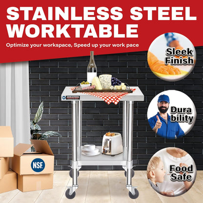 DuraSteel 24x24 NSF Stainless Steel Cart Work Table - Heavy Duty Rolling Food Prep Table - Metal