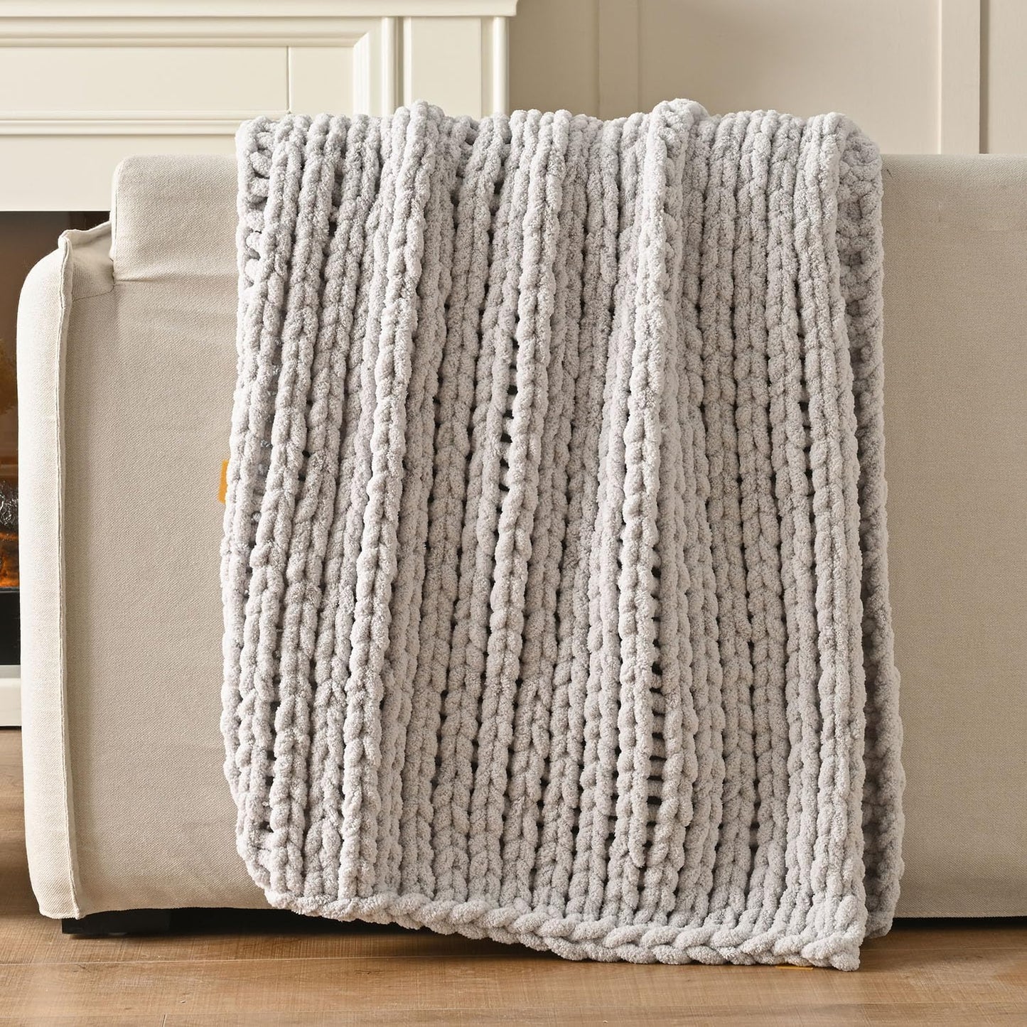 Esterra Chunky Knit Blanket Throw 50"x60", 100% Hand Knitted Chenille Throw Blanket, Cozy Soft