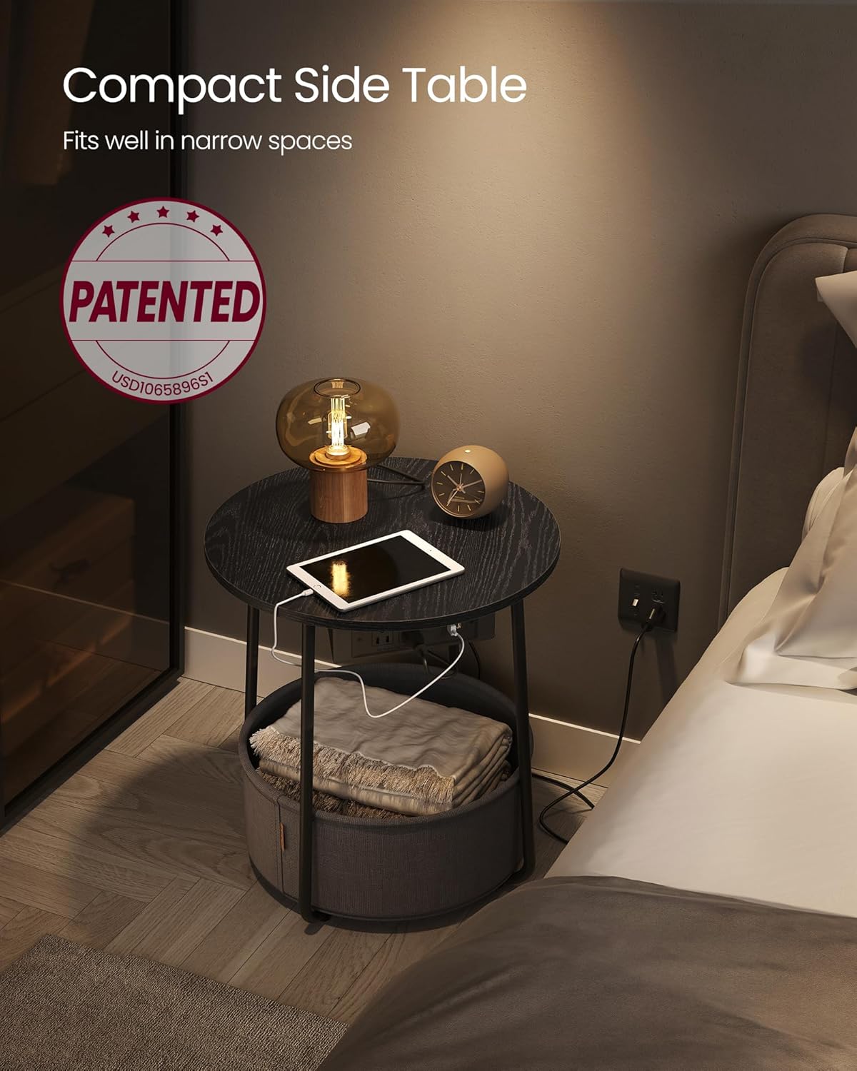 VASAGLE Side Table with Charging Station, Round End Table with Fabric Basket, Nightstand with Power