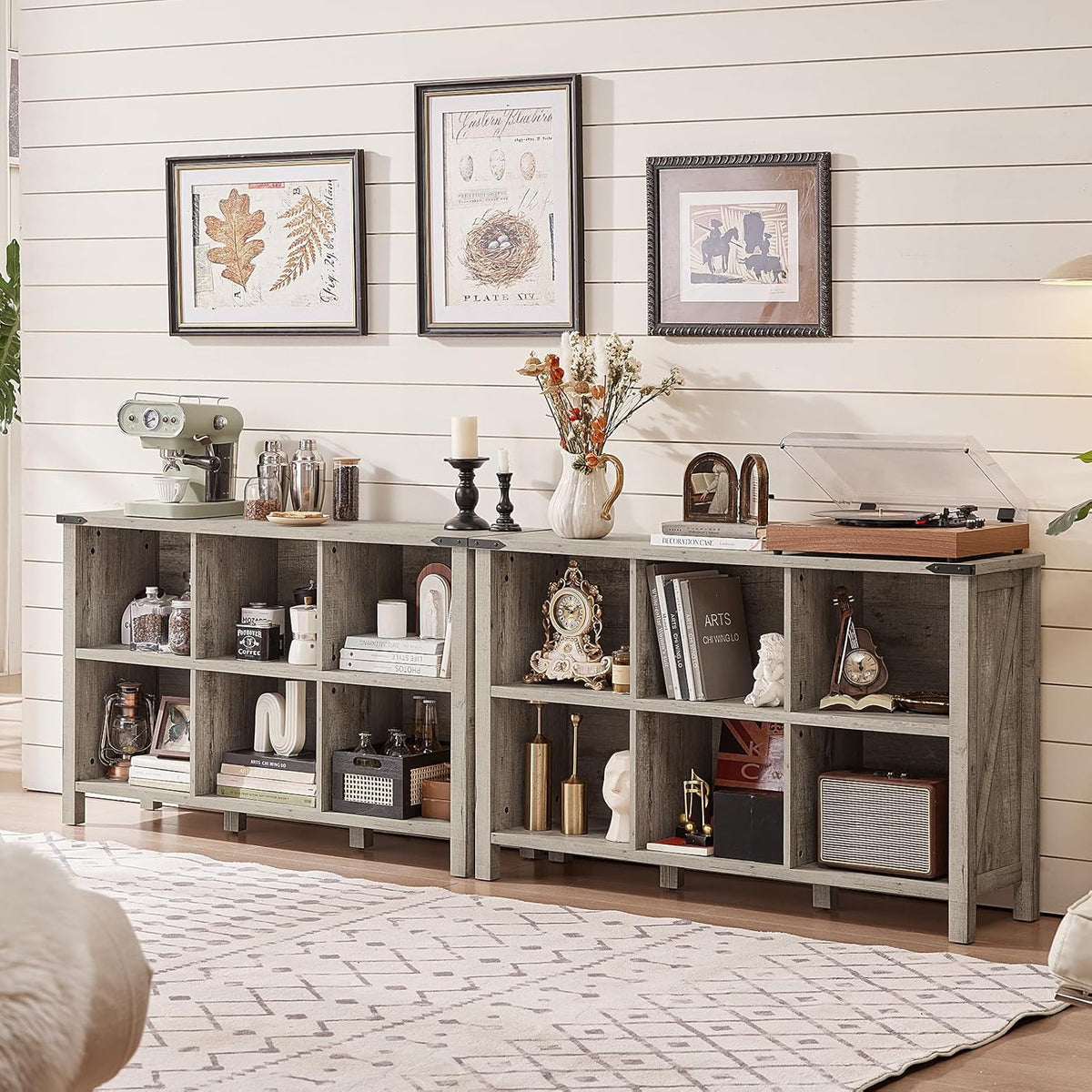 Farmhouse 6 Cube Bookshelf, Rustic Grey Oak Wooden Storage Organizer Book Shelf, 47 Inch Cubby