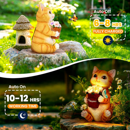 GIGALUMI Solar Garden Decor Flower Pot Cat Statues Outdoor, Birthday Gifts for Women Mom Grandma