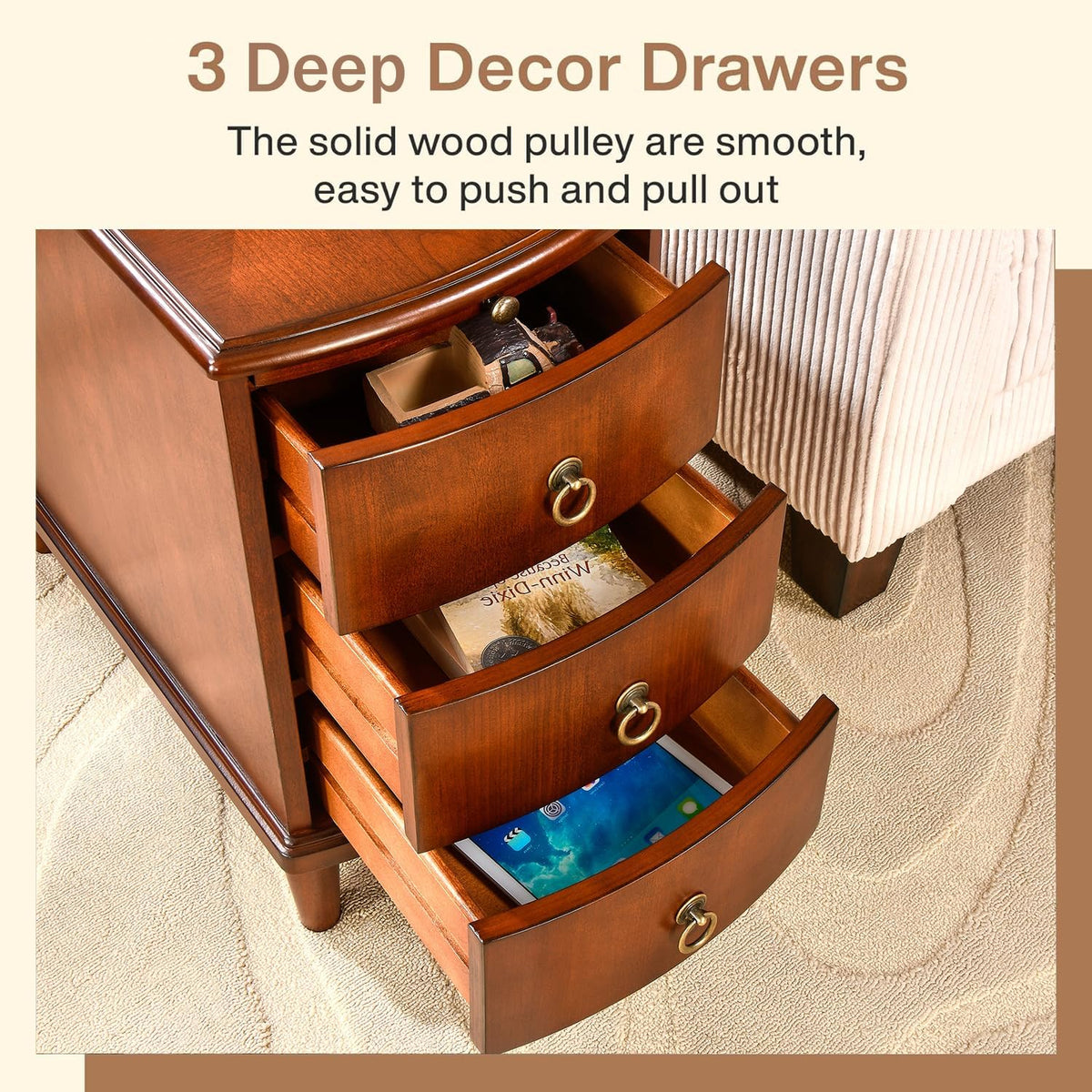 PADMA HOUSE Solid Wood End Table with 3 Drawers, Fully Assembled Nightstand with Sliding Shelf