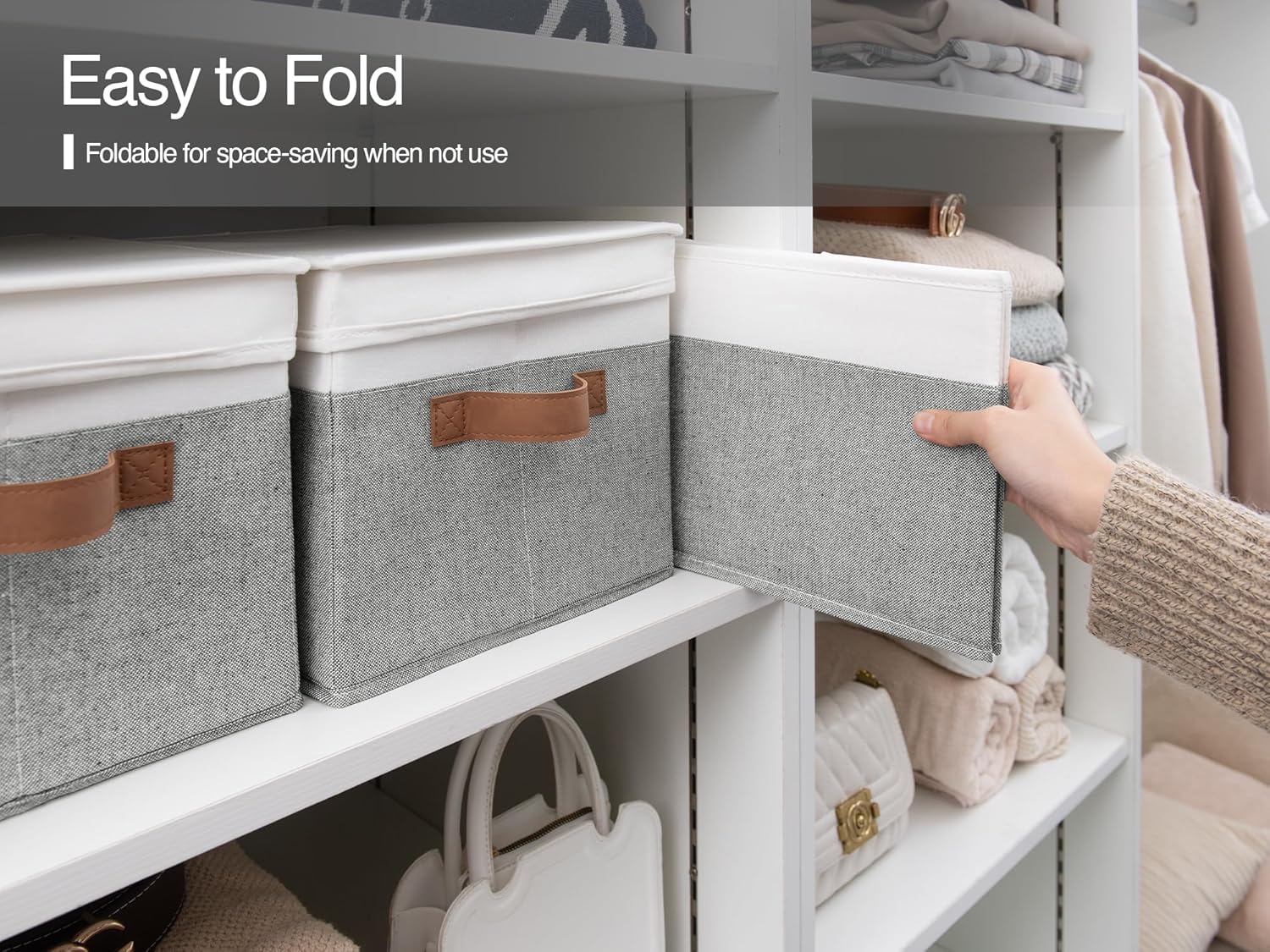 StorageWorks Storage Bins with Lids, Decorative Storage Boxes with Lid and PU Handles, Foldable
