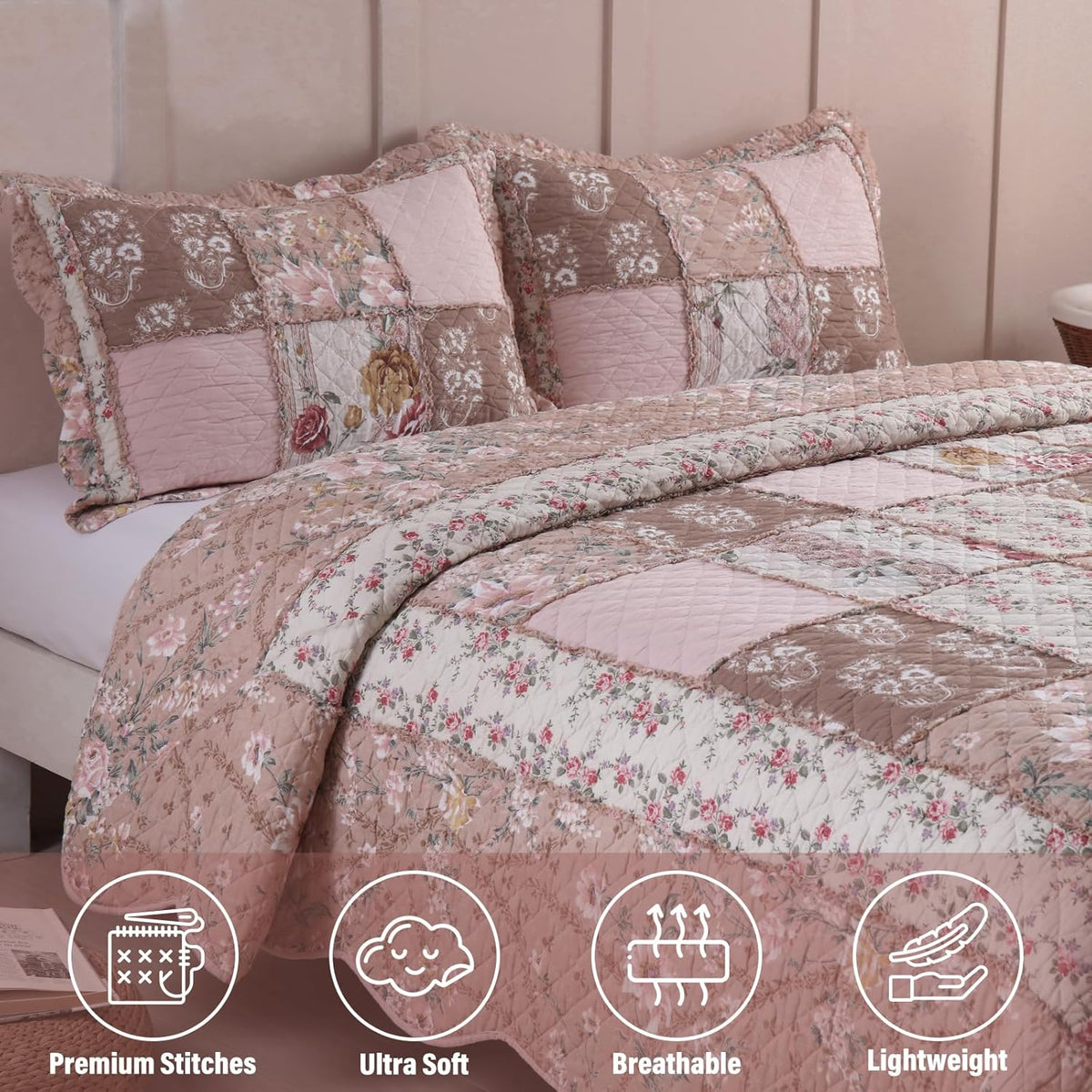 NEWLAKE Quilt Set Queen Size, Cotton Patchwork Pink Floral Quilt Sets, Real Stitched Embroidery