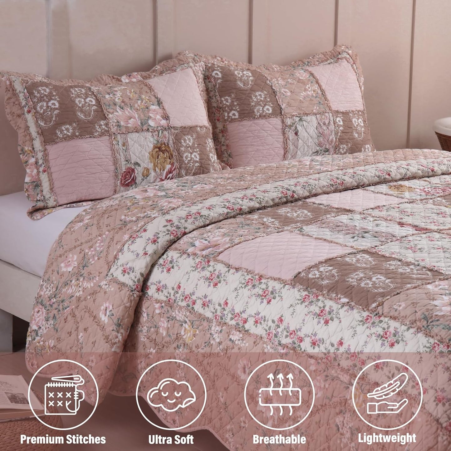 NEWLAKE Quilt Set King Size, Cotton Patchwork Pink Floral Quilt Sets, Real Stitched Embroidery