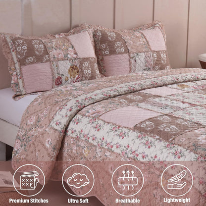 NEWLAKE Quilt Set King Size, Cotton Patchwork Pink Floral Quilt Sets, Real Stitched Embroidery