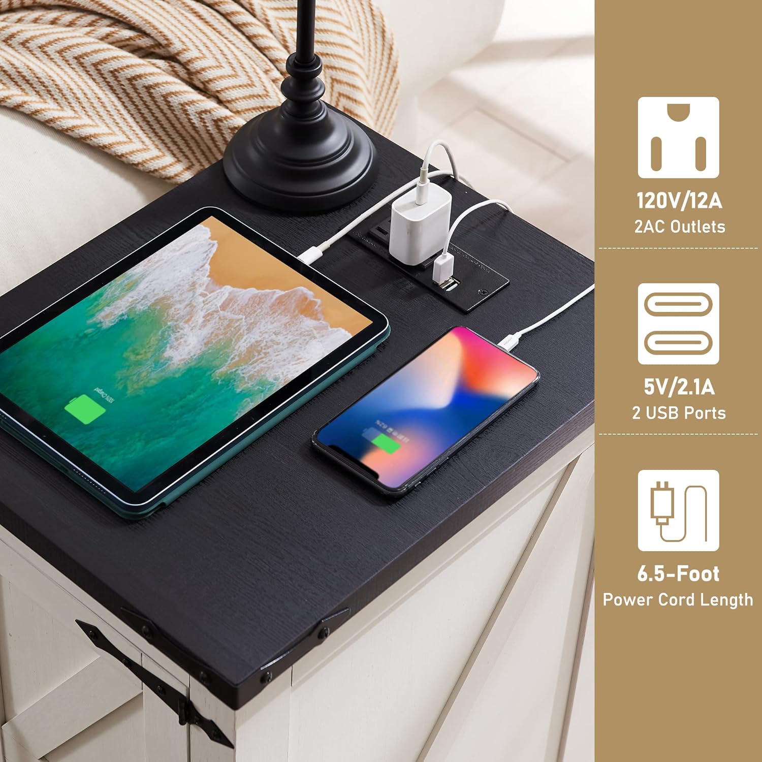 JXQTLINGMU Farmhouse Nightstand Set of 2 with Charging Station, 17" D Rectangular End Table with