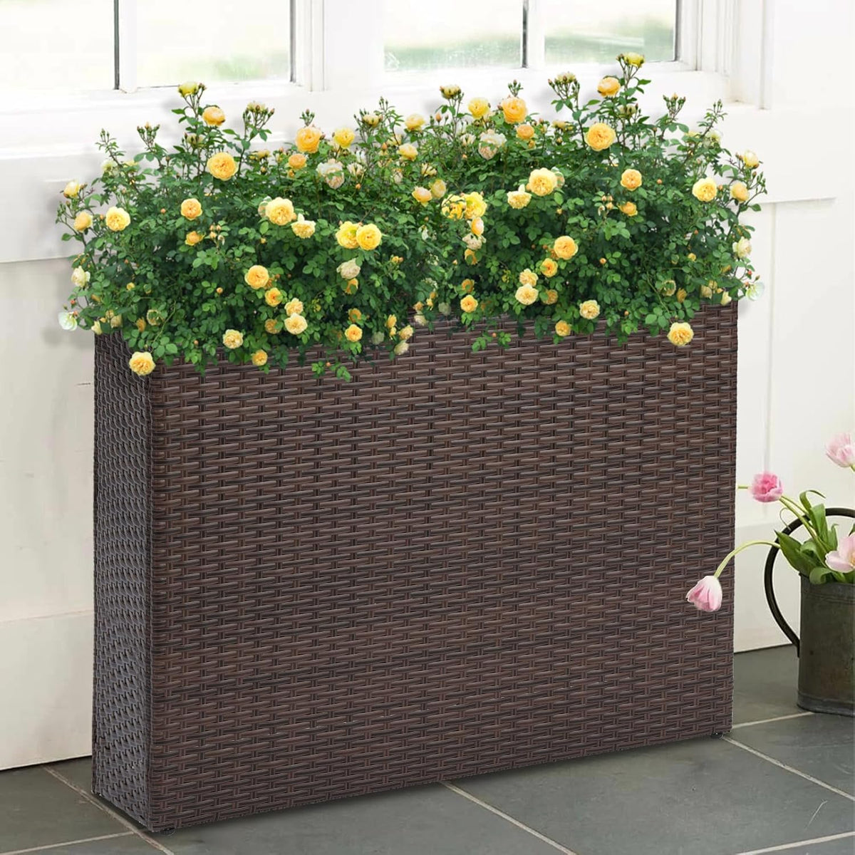 SUNNYPARK Tall Rectangular Planter with Removable Liner, All-Weather PE Rattan Large Modern