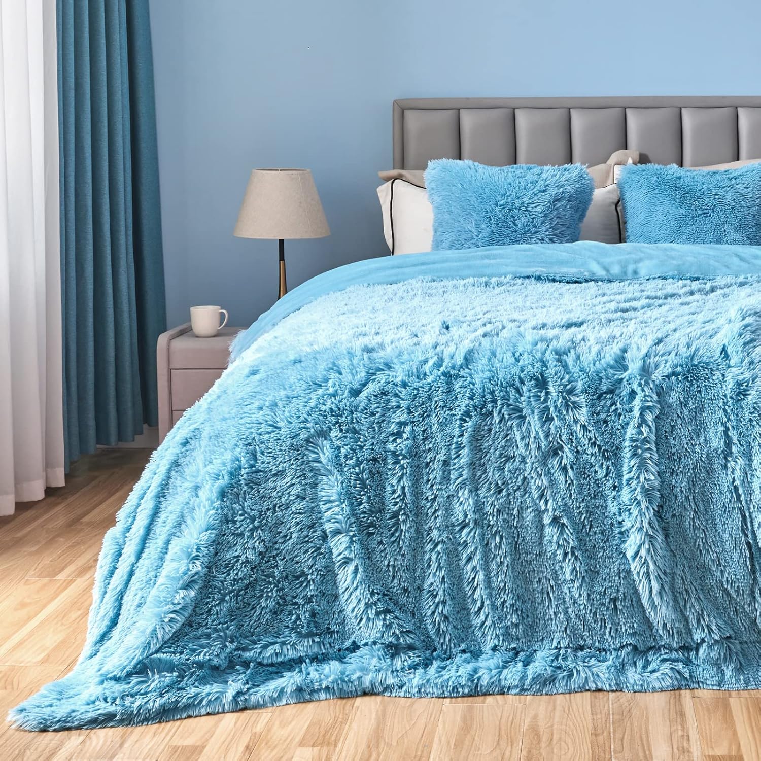 GONAAP Fuzzy Faux Fur Throw Blanket Queen Size Sky Blue Super Soft Cozy Plush Fuzzy Shaggy Blanket