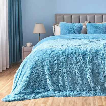 GONAAP Fuzzy Faux Fur Throw Blanket Queen Size Sky Blue Super Soft Cozy Plush Fuzzy Shaggy Blanket