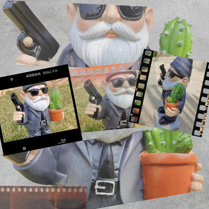 Gnome Decoration for Garden & Home - Professional Hitman Look Statue, Léon Inspired 8.7 Inch Resin