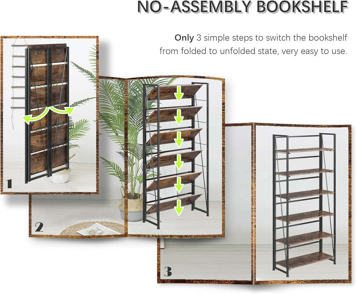 4NM No Assembly Foldable Bookshelf, 6-Shelf Collapsible Bookcase Storage for Small Spaces, 74" H