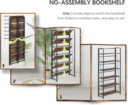 4NM No Assembly Foldable Bookshelf, 6-Shelf Collapsible Bookcase Storage for Small Spaces, 74" H