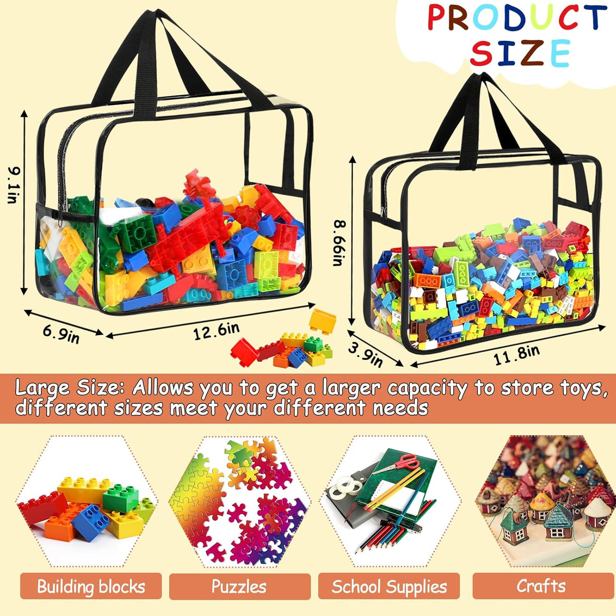 6 Packs Large Toy Storage Bags with Labels, Reusable Clear PVC Board Game Storage, Travel
