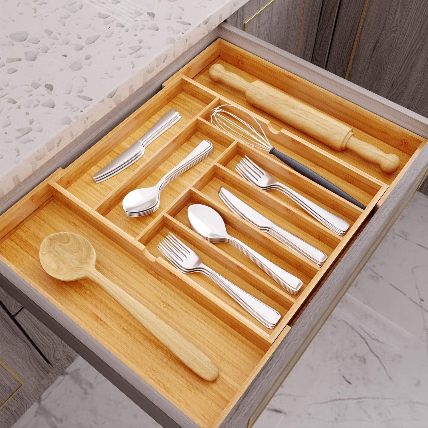 BAMEOS drawer organizer flatware organizer cutlery tray silverware organizer expandable adjustable