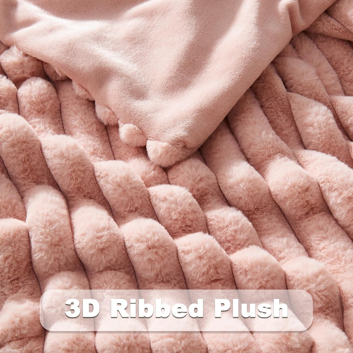 NEWCOSPLAY Faux Fur Throw Blanket Pink 3D Ribbed Plush Thick Warm Blanket for Couch Sofa Bed 850GSM