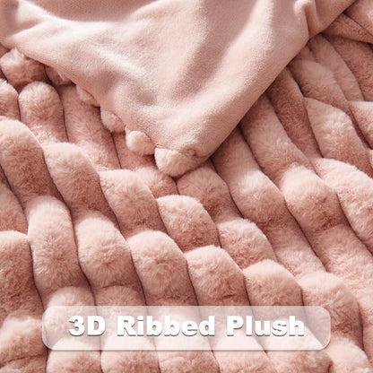 NEWCOSPLAY Faux Fur Throw Blanket Pink 3D Ribbed Plush Thick Warm Blanket for Couch Sofa Bed 850GSM