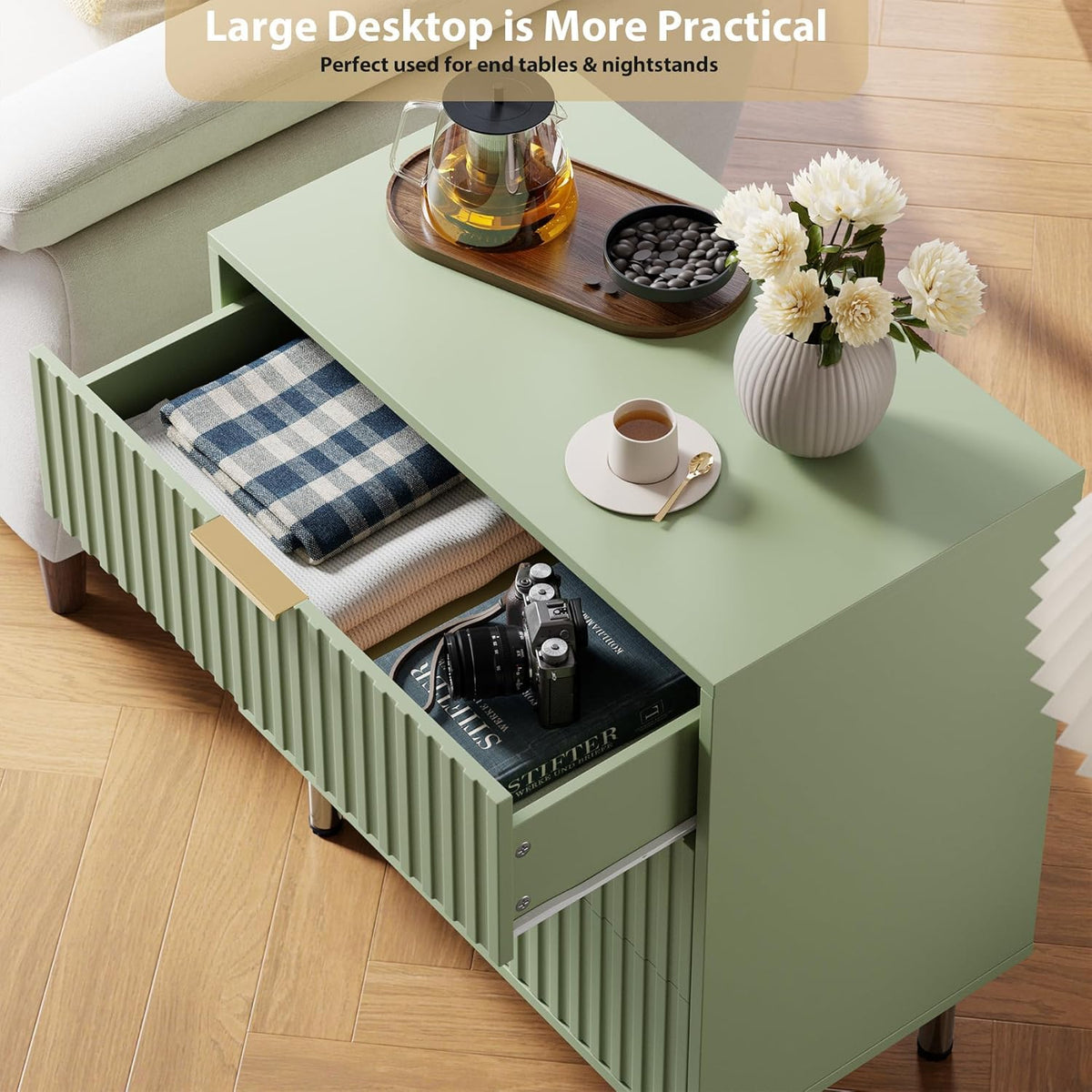 Green 3 Drawer Dresser for Bedroom, Fluted Modern Nightstand with Deep Drawers, Chest of Drawers