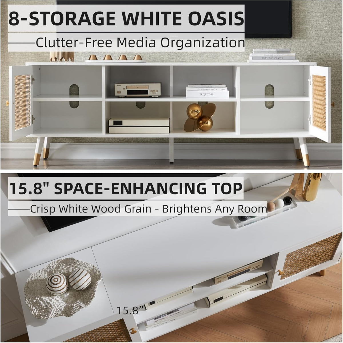 JYED Mid Century Modern TV Stand and Console for TVs Up to 75" - White Entertainment Center, 2 Gold